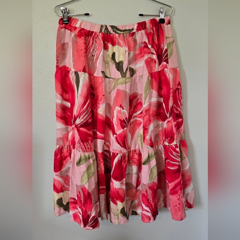 NWT John Paul Richard Pink Floral Linen Blend Tiered Skirt Size PL